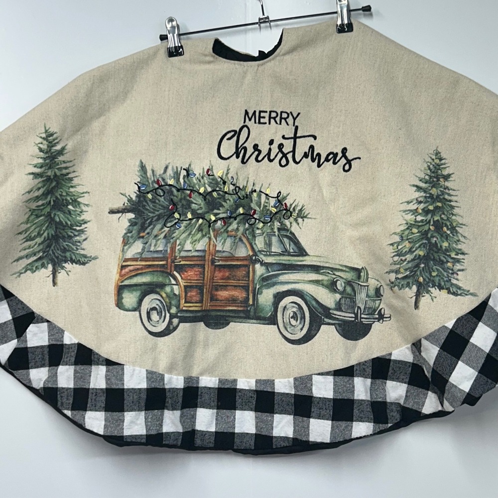 Green Truck Woody Car Christmas Tree Skirt Buffalo Plaid Beige